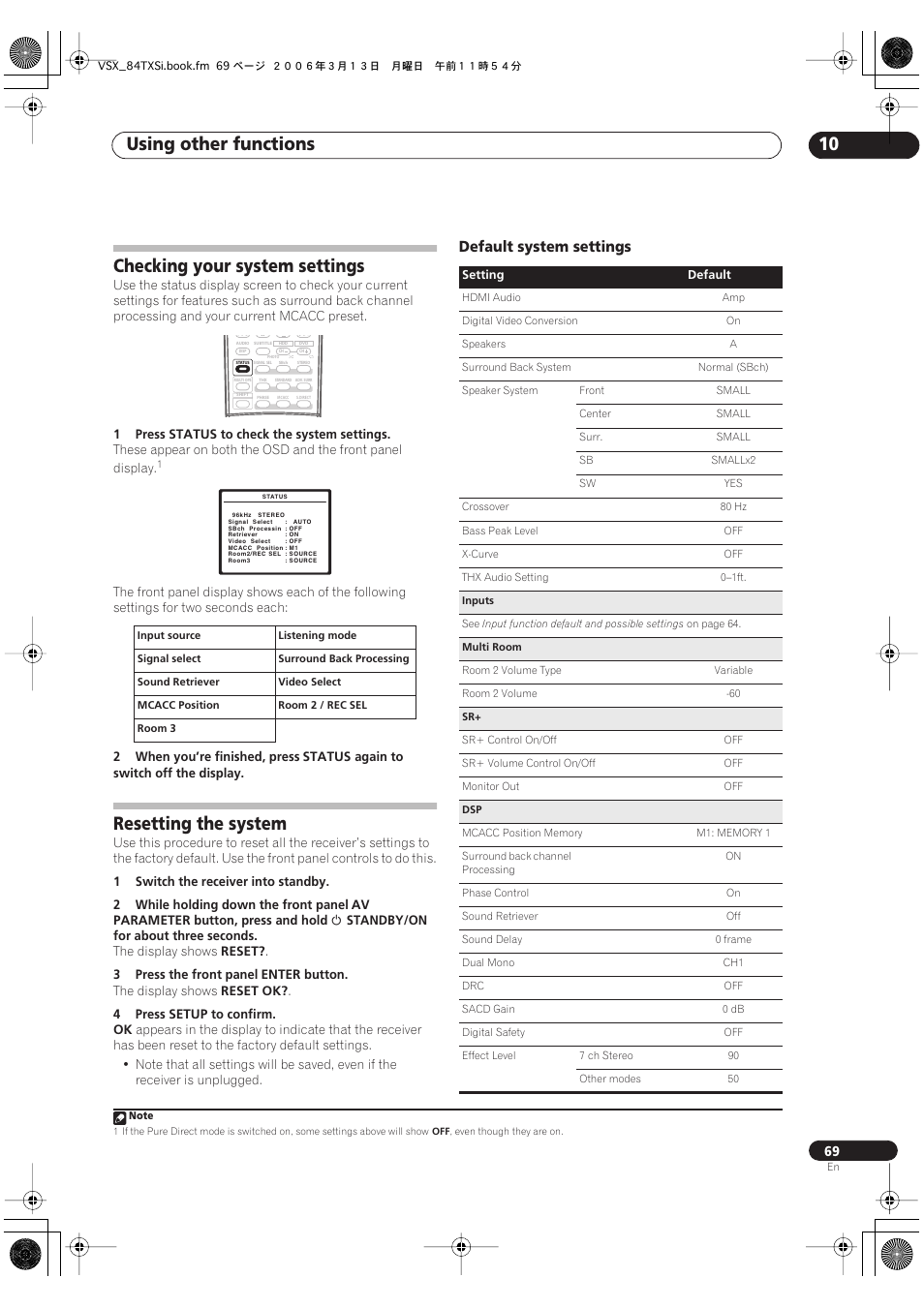 Checking your system settings resetting the system, Default system settings, Using other functions 10 | Checking your system settings, Resetting the system | Pioneer VSX-82TXS-S User Manual | Page 69 / 92