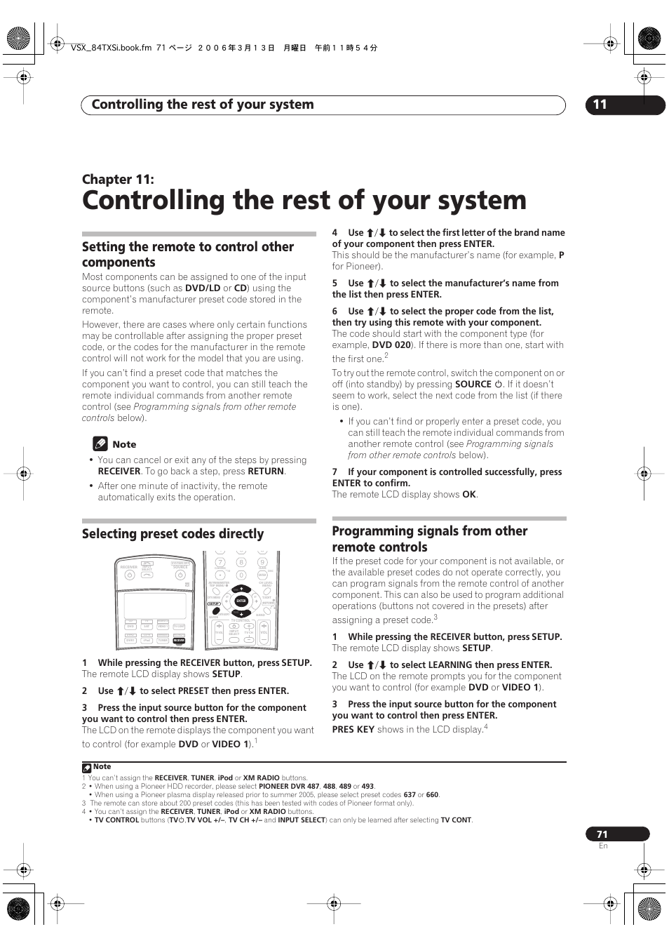 11 controlling the rest of your system, Programming signals from other remote controls, Controlling the rest of your system | Controlling the rest of your system 11, Chapter 11, Setting the remote to control other components, Selecting preset codes directly | Pioneer VSX-82TXS-S User Manual | Page 71 / 92