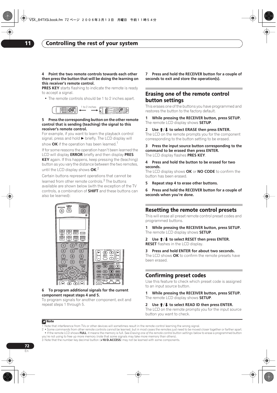Controlling the rest of your system 11, Erasing one of the remote control button settings, Resetting the remote control presets | Confirming preset codes | Pioneer VSX-82TXS-S User Manual | Page 72 / 92