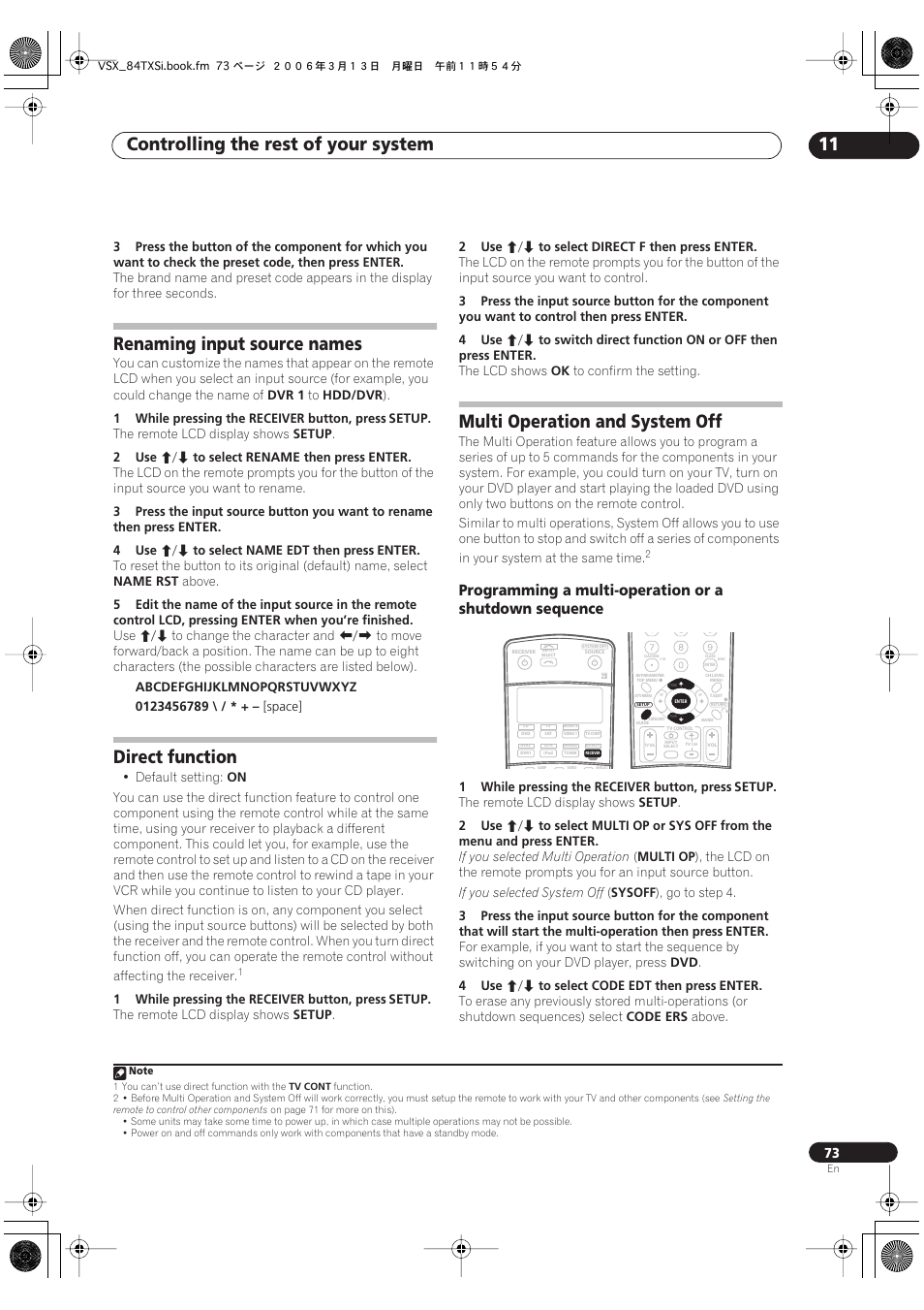 Controlling the rest of your system 11, Renaming input source names, Direct function | Multi operation and system off | Pioneer VSX-82TXS-S User Manual | Page 73 / 92