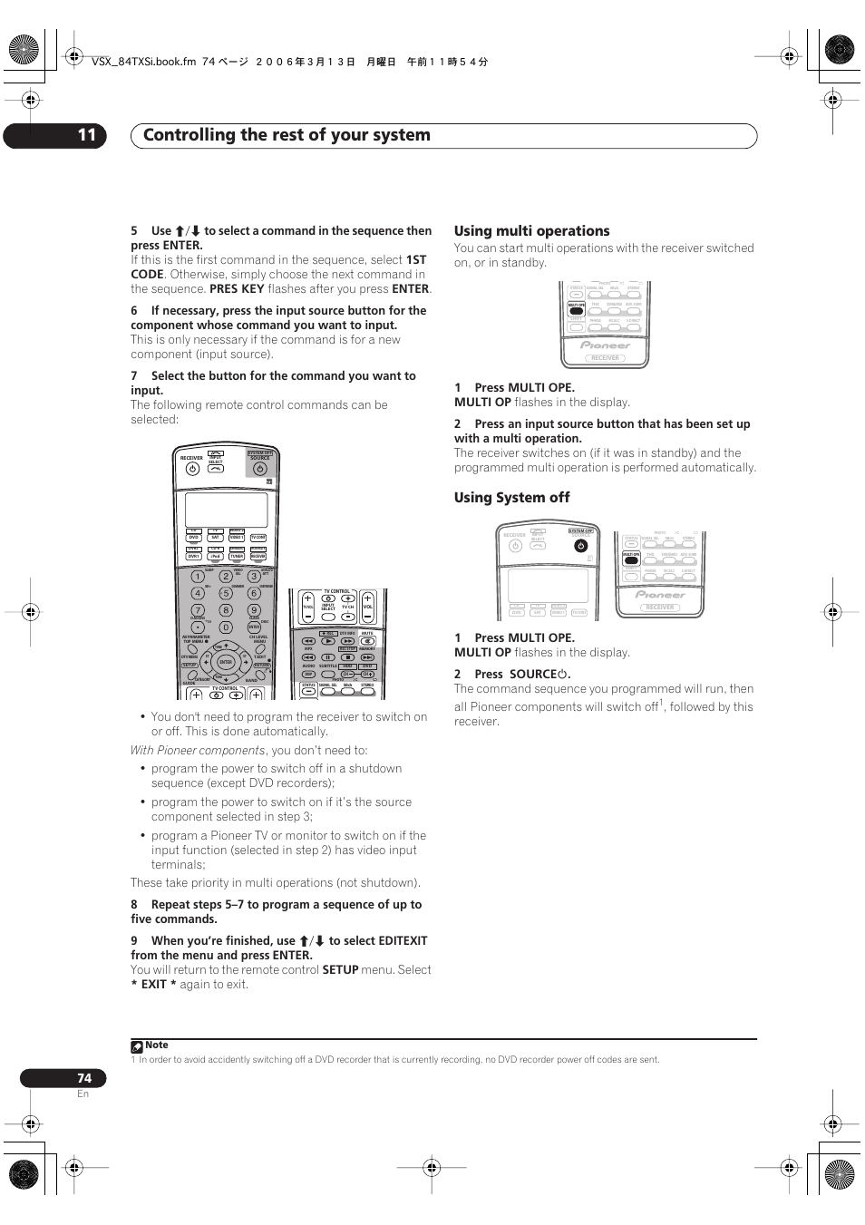 Using multi operations using system off, Controlling the rest of your system 11, Using multi operations | Using system off, 5use, Enter, 1st code, Pres key, Flashes after you press, With pioneer components | Pioneer VSX-82TXS-S User Manual | Page 74 / 92