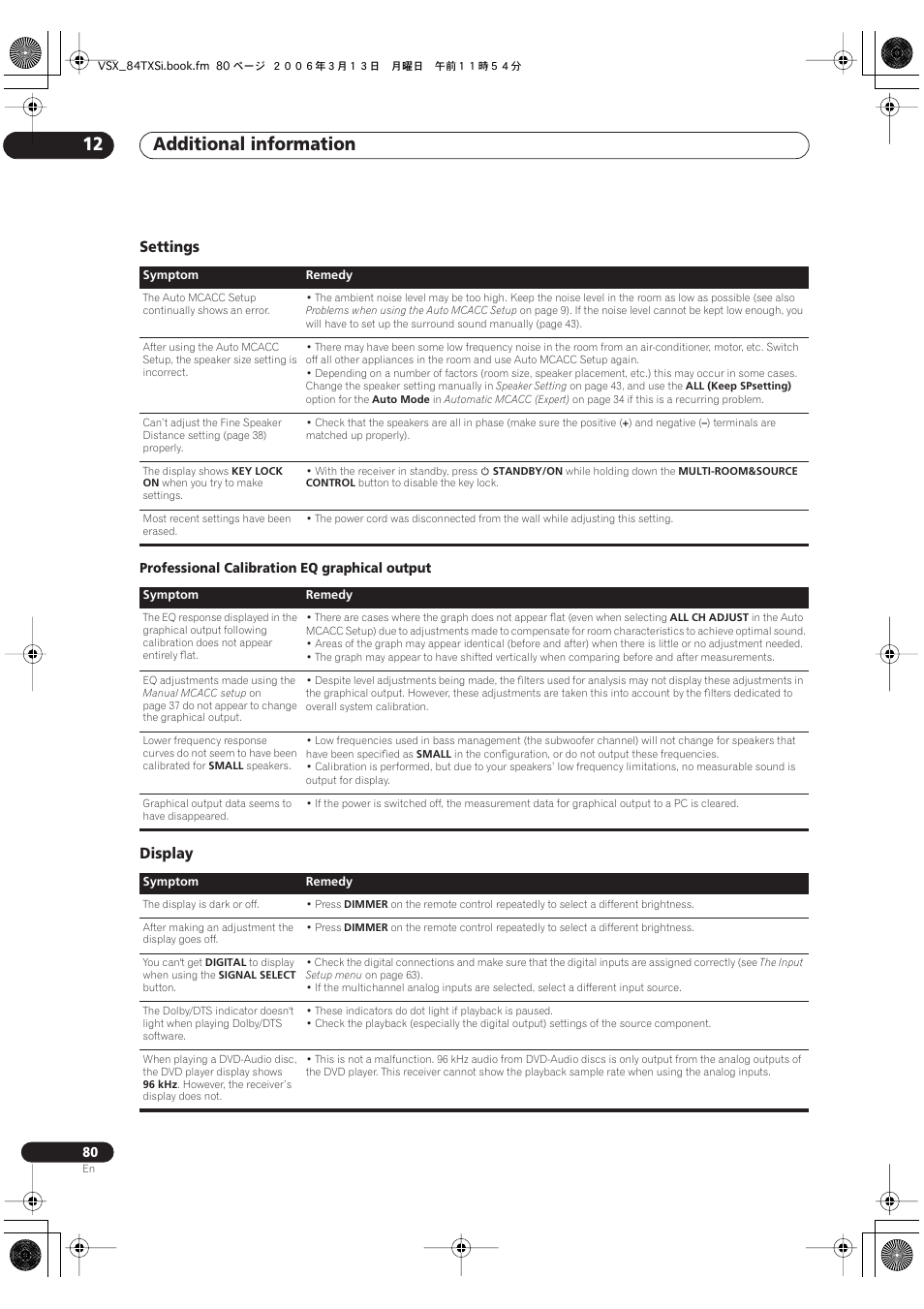 Settings display, Additional information 12, Settings | Display | Pioneer VSX-82TXS-S User Manual | Page 80 / 92