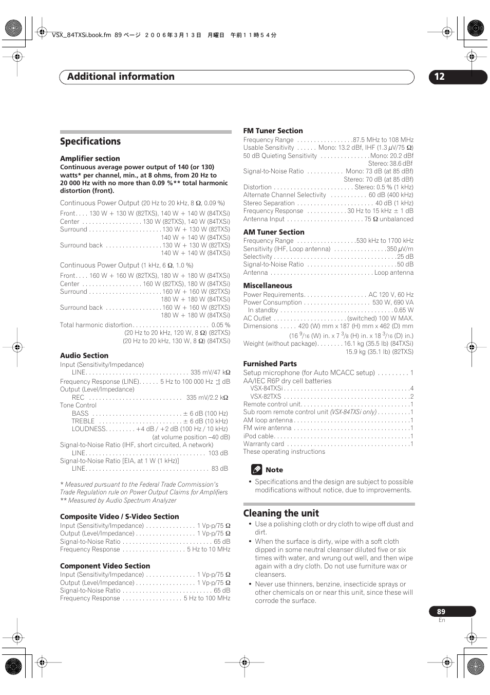 Specifications cleaning the unit, Additional information 12, Specifications | Cleaning the unit | Pioneer VSX-82TXS-S User Manual | Page 89 / 92