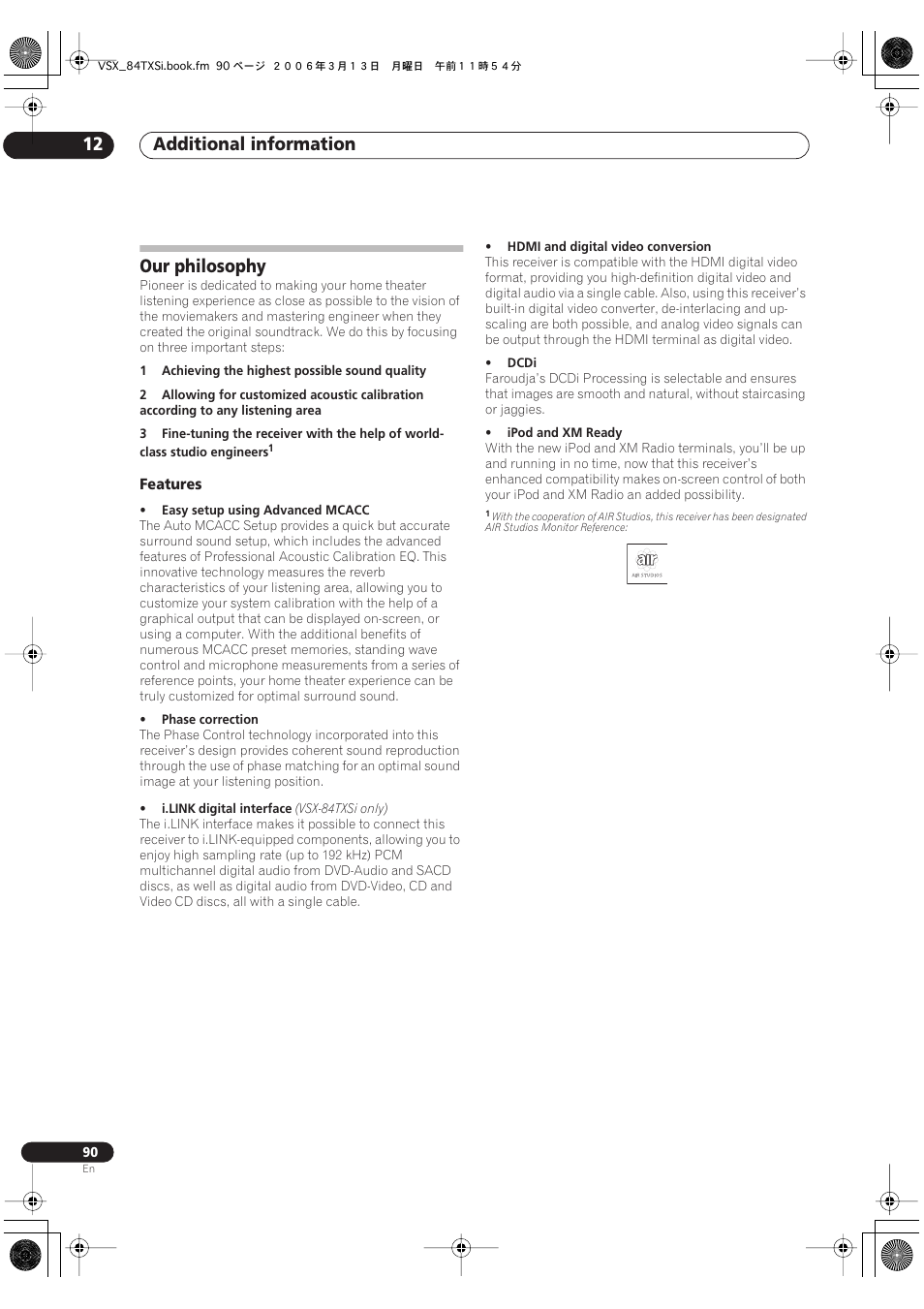 Our philosophy, Features, Additional information 12 | Pioneer VSX-82TXS-S User Manual | Page 90 / 92