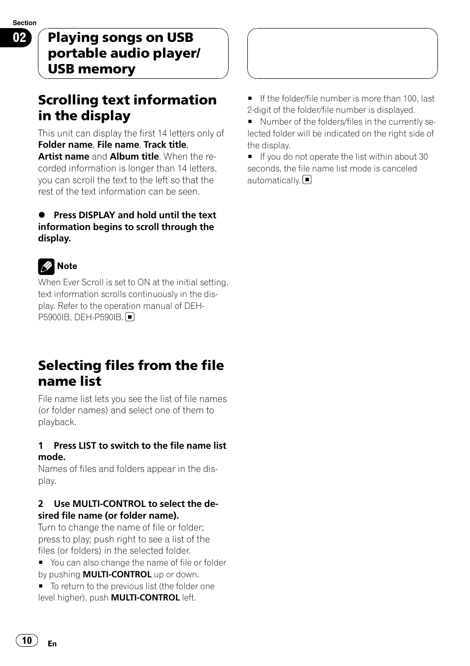 Scrolling text information in the display, Selecting files from the file name list | Pioneer CD-UB100 User Manual | Page 10 / 63