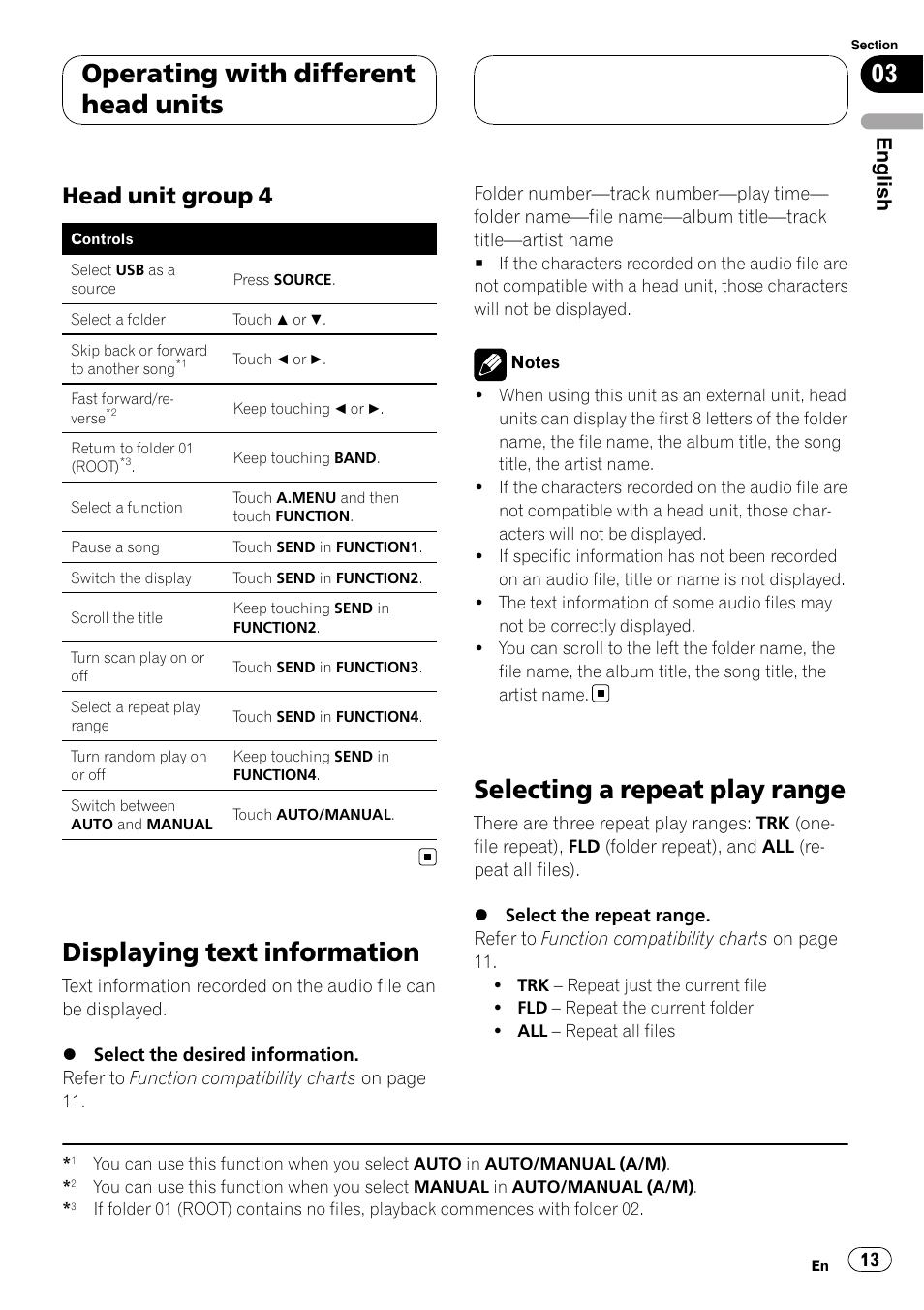 Head unit group 4 13, Displaying text information, Selecting a repeat play range | Operating with different head units, Head unit group 4, English | Pioneer CD-UB100 User Manual | Page 13 / 63