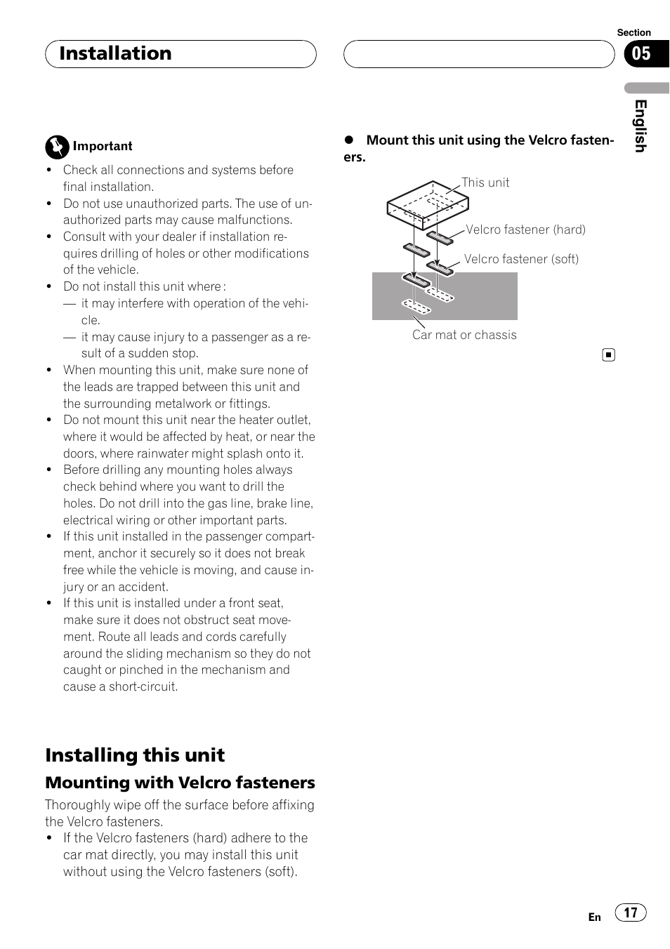 Installation installing this unit, Mounting with velcro fasteners 17, Installing this unit | Installation, Mounting with velcro fasteners | Pioneer CD-UB100 User Manual | Page 17 / 63