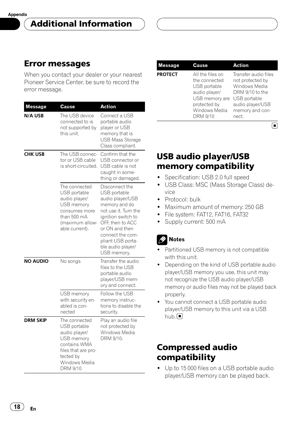 Additional information error messages, Usb audio player/usb memory, Compatibility | Compressed audio compatibility, Error messages, Additional information | Pioneer CD-UB100 User Manual | Page 18 / 63