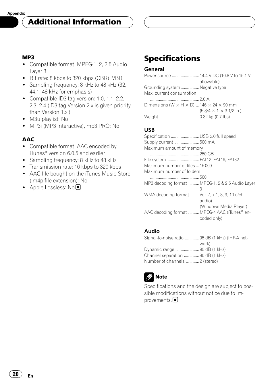 Specifications, Additional information | Pioneer CD-UB100 User Manual | Page 20 / 63