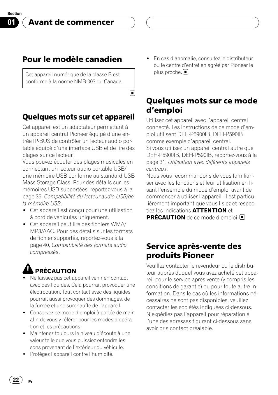 Avant de commencer, Pour le modèle canadien, Quelques mots sur cet appareil | Quelques mots sur ce mode d, Emploi 22, Service après-vente des produits pioneer, Quelques mots sur ce mode d ’emploi | Pioneer CD-UB100 User Manual | Page 22 / 63