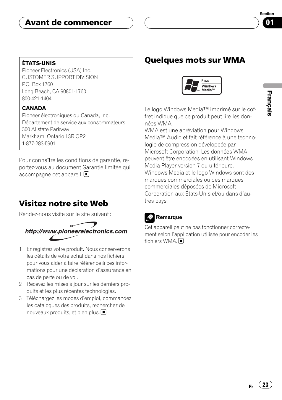 Visitez notre site web, Quelques mots sur wma, Avant de commencer | Pioneer CD-UB100 User Manual | Page 23 / 63