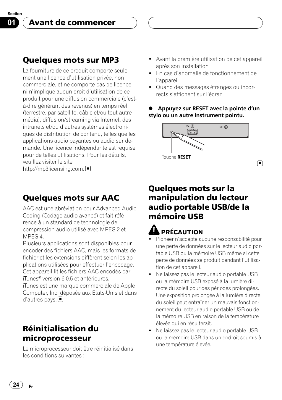 Quelques mots sur mp3, Quelques mots sur aac, Réinitialisation du microprocesseur | Quelques mots sur la manipulation du, Lecteur audio portable usb/de la mémoire usb, Avant de commencer | Pioneer CD-UB100 User Manual | Page 24 / 63