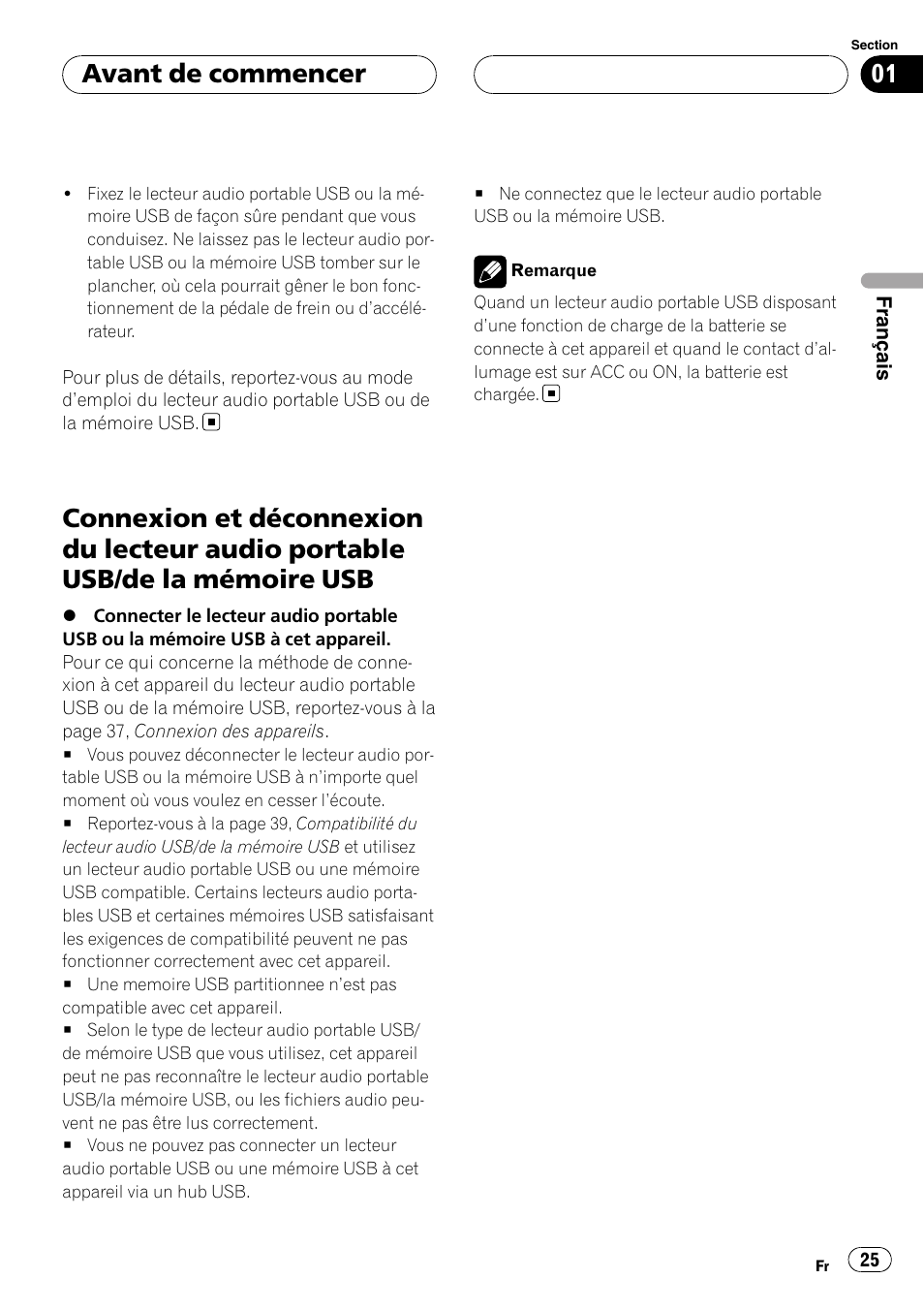 Connexion et déconnexion du lecteur audio, Portable usb/de la mémoire usb, Avant de commencer | Pioneer CD-UB100 User Manual | Page 25 / 63