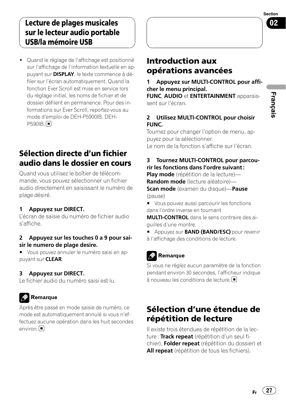 Sélection directe d, Un fichier audio dans le, Dossier en cours | Introduction aux opérations avancées, Sélection d, Une étendue de répétition de, Lecture, Sélection d ’une étendue de répétition de lecture | Pioneer CD-UB100 User Manual | Page 27 / 63