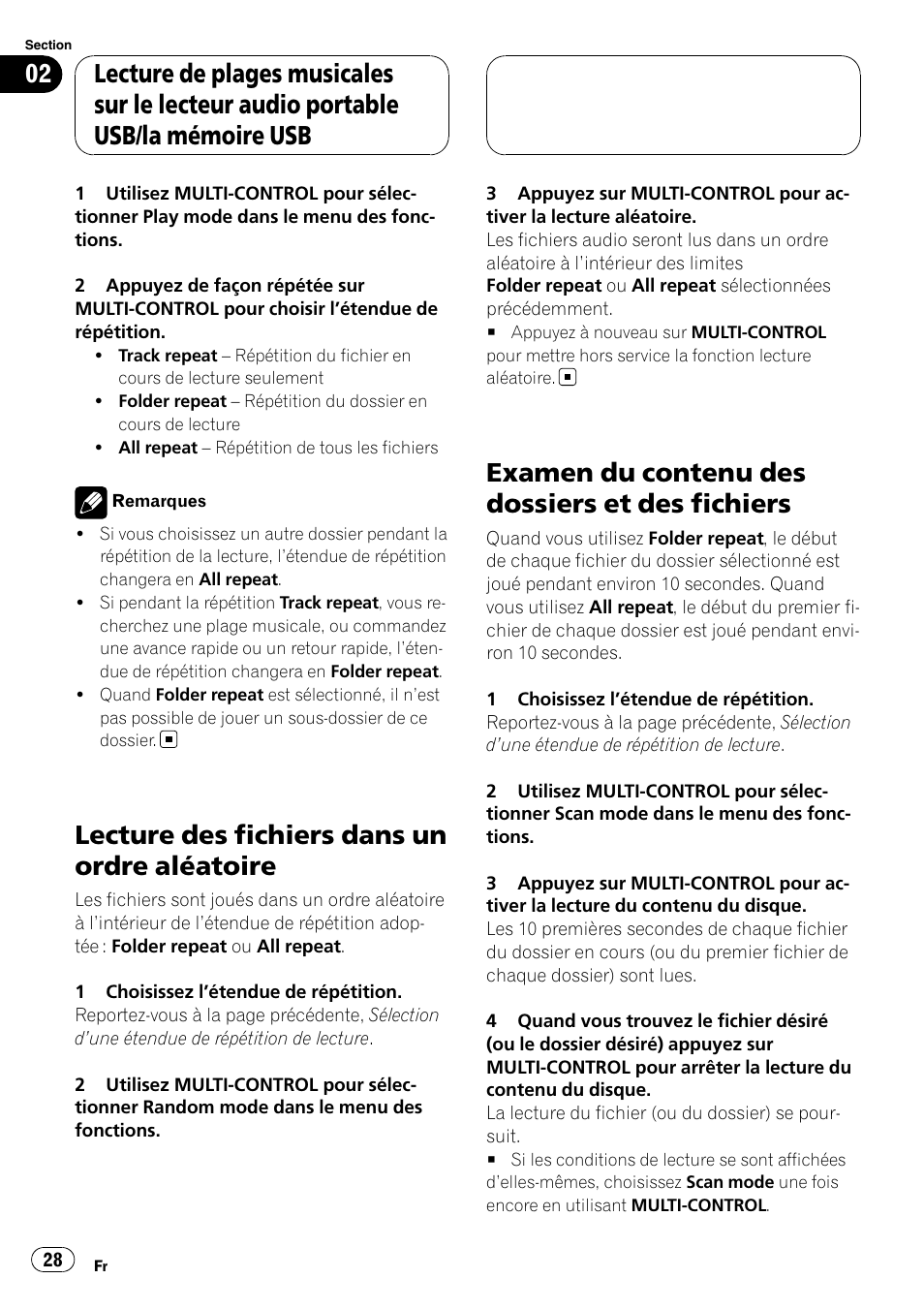 Lecture des fichiers dans un ordre, Aléatoire, Examen du contenu des dossiers et des | Fichiers, Lecture des fichiers dans un ordre aléatoire, Examen du contenu des dossiers et des fichiers | Pioneer CD-UB100 User Manual | Page 28 / 63