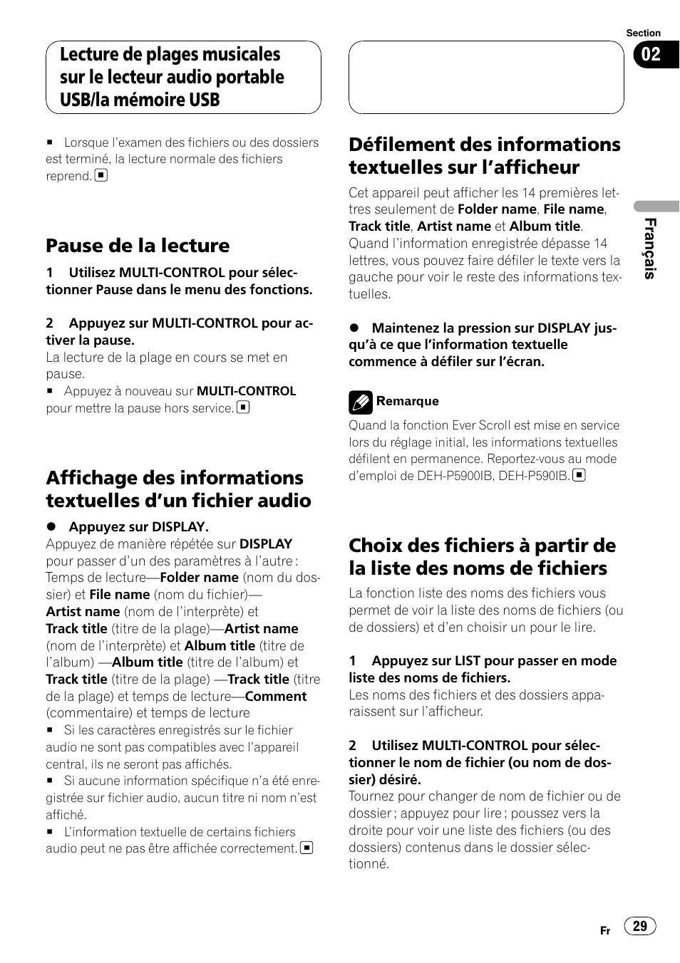 Pause de la lecture, Affichage des informations textuelles d, Fichier audio | Défilement des informations textuelles sur, Afficheur 29, Choix des fichiers à partir de la liste des, Noms de fichiers | Pioneer CD-UB100 User Manual | Page 29 / 63