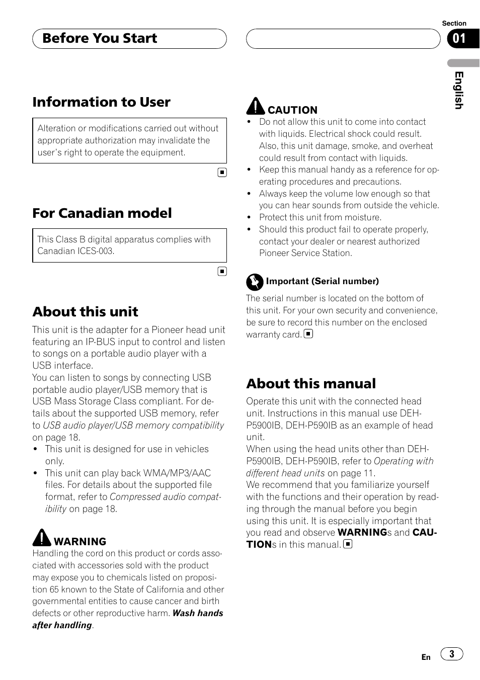 Before you start, Information to user, For canadian model | About this unit, About this manual | Pioneer CD-UB100 User Manual | Page 3 / 63