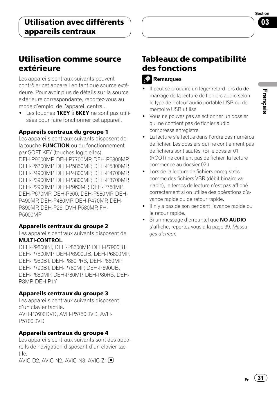 Tableaux de compatibilité des fonctions, Utilisation comme source extérieure, Utilisation avec différents appareils centraux | Pioneer CD-UB100 User Manual | Page 31 / 63