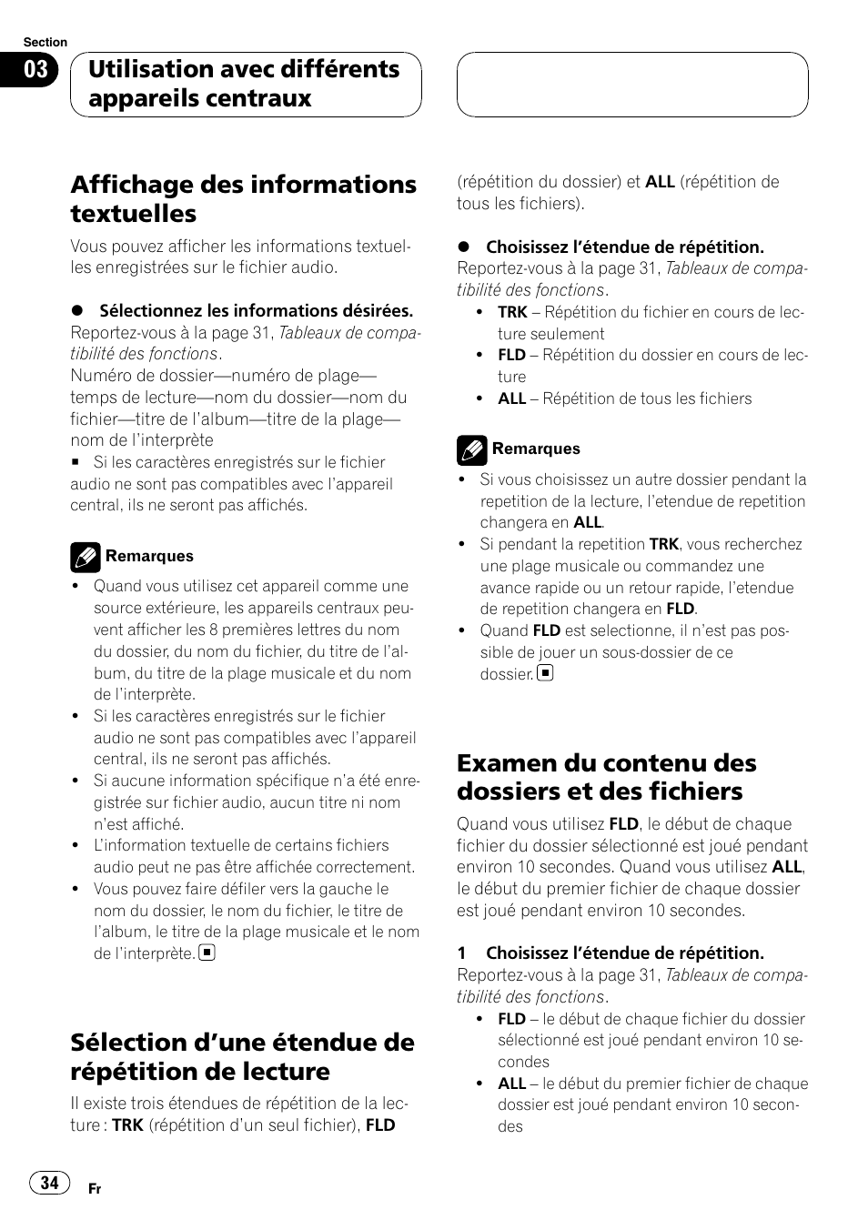 Affichage des informations textuelles, Sélection d, Une étendue de répétition de | Lecture, Examen du contenu des dossiers et des, Fichiers, Sélection d ’une étendue de répétition de lecture, Examen du contenu des dossiers et des fichiers, Utilisation avec différents appareils centraux | Pioneer CD-UB100 User Manual | Page 34 / 63