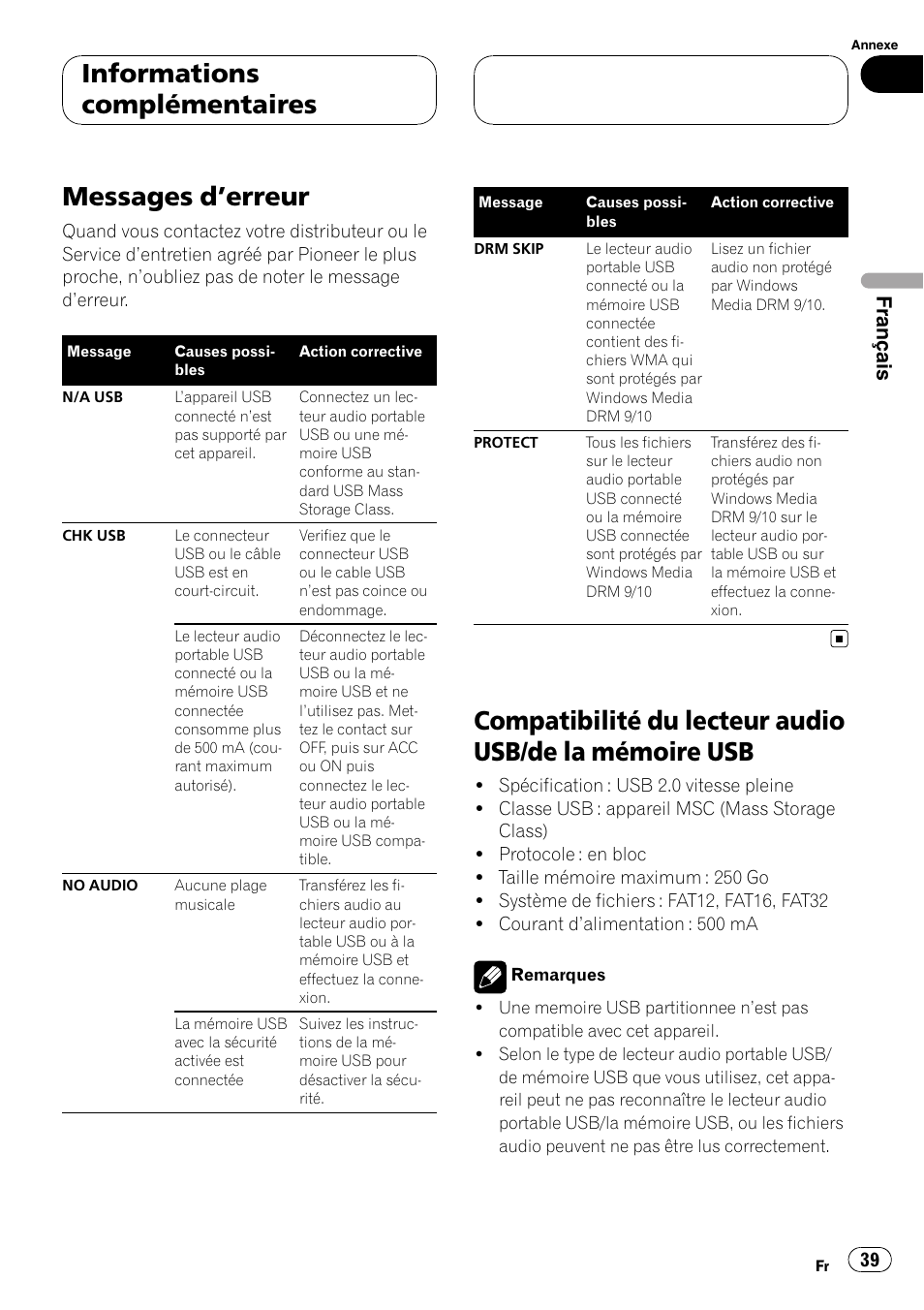 Informations complémentaires messages d, Erreur 39, Compatibilité du lecteur audio usb/de la | Mémoire usb, Messages d ’erreur, Informations complémentaires, Français | Pioneer CD-UB100 User Manual | Page 39 / 63