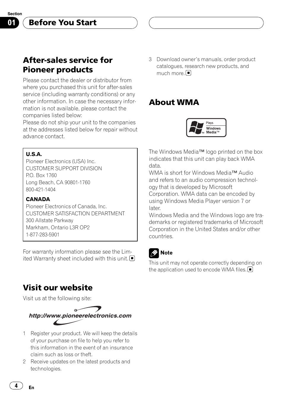 After-sales service for pioneer products, Visit our website, About wma | Before you start | Pioneer CD-UB100 User Manual | Page 4 / 63