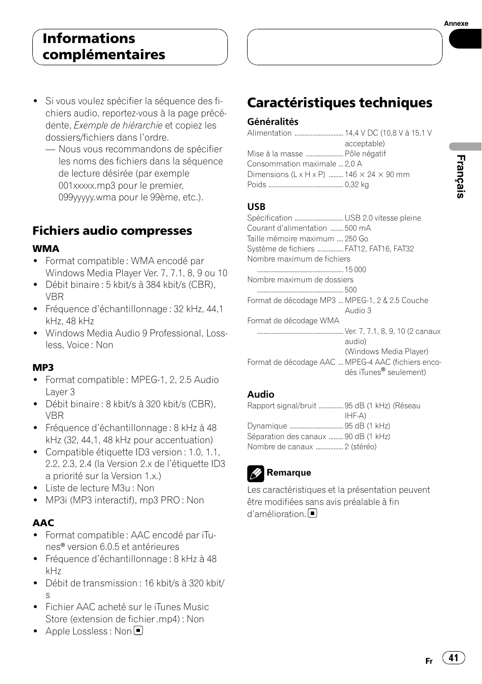 Fichiers audio compresses 41, Caractéristiques techniques, Informations complémentaires | Fichiers audio compresses | Pioneer CD-UB100 User Manual | Page 41 / 63