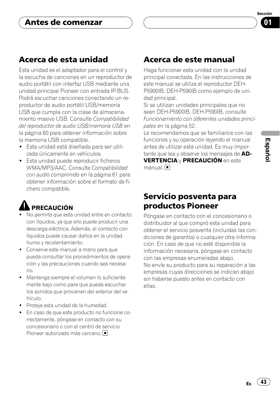 Antes de comenzar, Acerca de esta unidad, Acerca de este manual | Servicio posventa para productos, Pioneer, Servicio posventa para productos pioneer | Pioneer CD-UB100 User Manual | Page 43 / 63