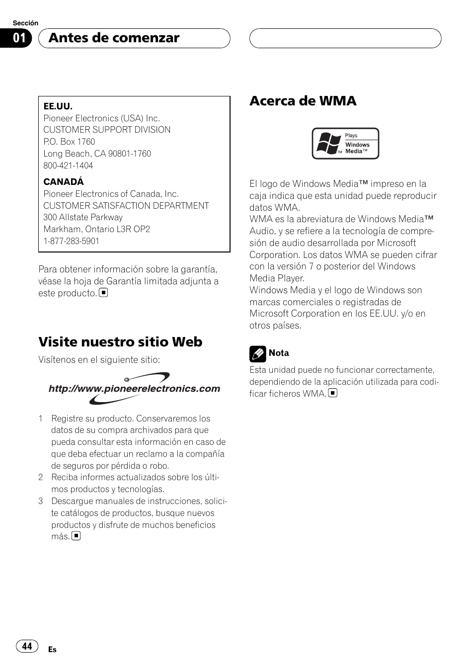 Visite nuestro sitio web, Acerca de wma, Antes de comenzar | Pioneer CD-UB100 User Manual | Page 44 / 63