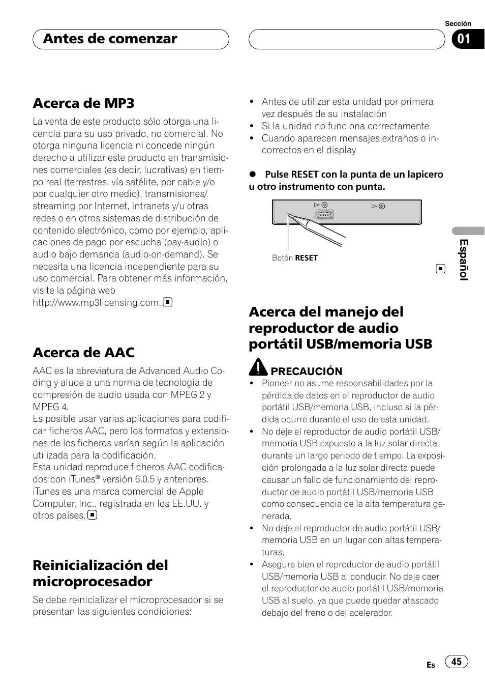 Acerca de mp3, Acerca de aac, Reinicialización del microprocesador | Acerca del manejo del reproductor de audio, Portátil usb/memoria usb, Antes de comenzar | Pioneer CD-UB100 User Manual | Page 45 / 63