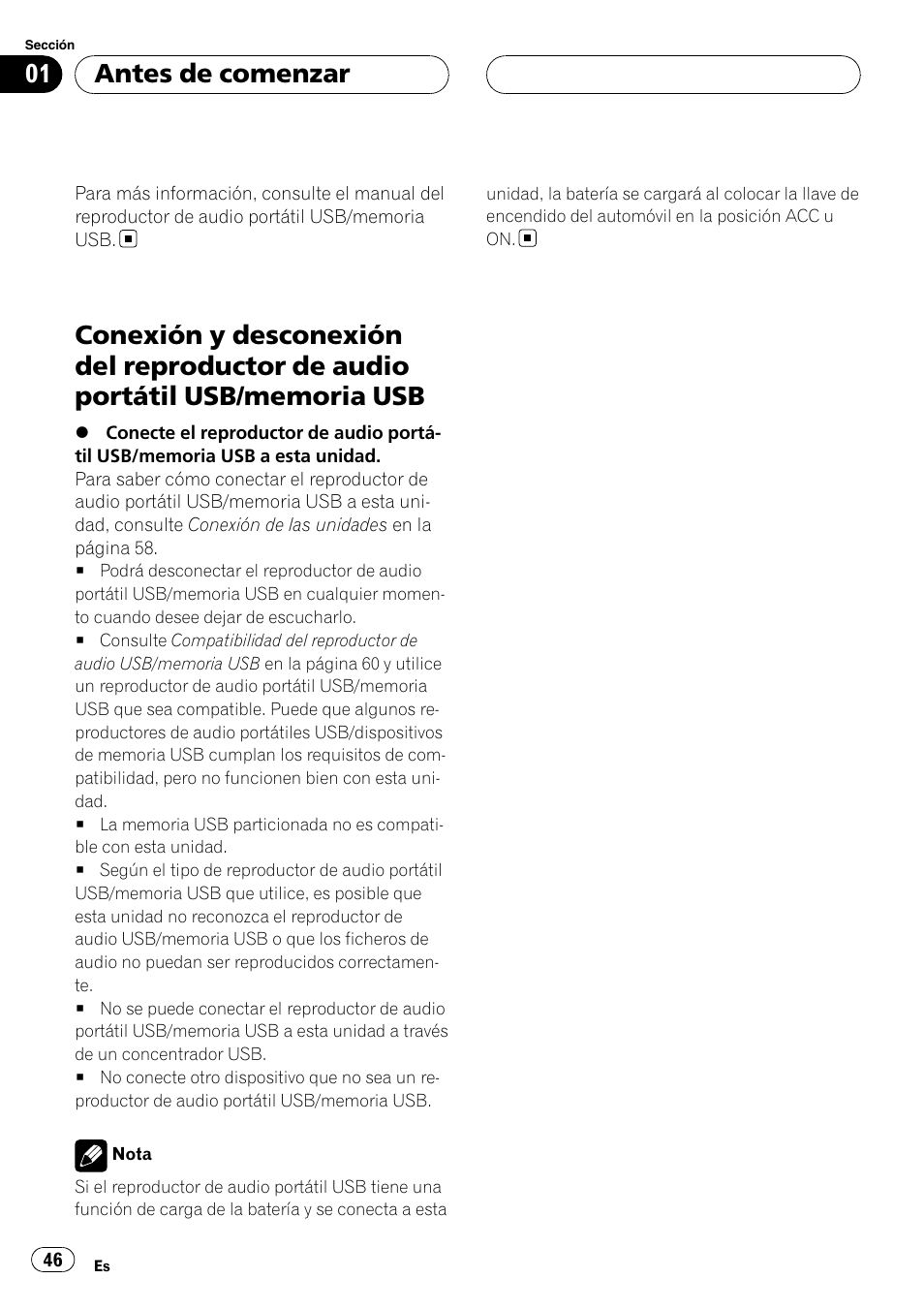 Conexión y desconexión del reproductor de, Audio portátil usb/memoria usb, Antes de comenzar | Pioneer CD-UB100 User Manual | Page 46 / 63