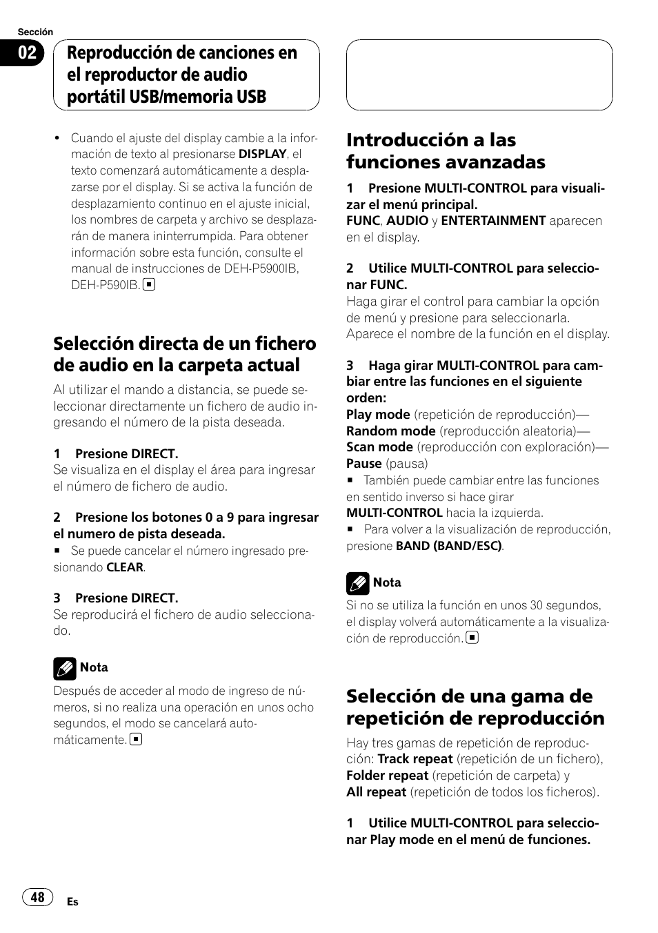 Selección directa de un fichero de audio en, La carpeta actual, Introducción a las funciones avanzadas | Selección de una gama de repetición de, Reproducción | Pioneer CD-UB100 User Manual | Page 48 / 63