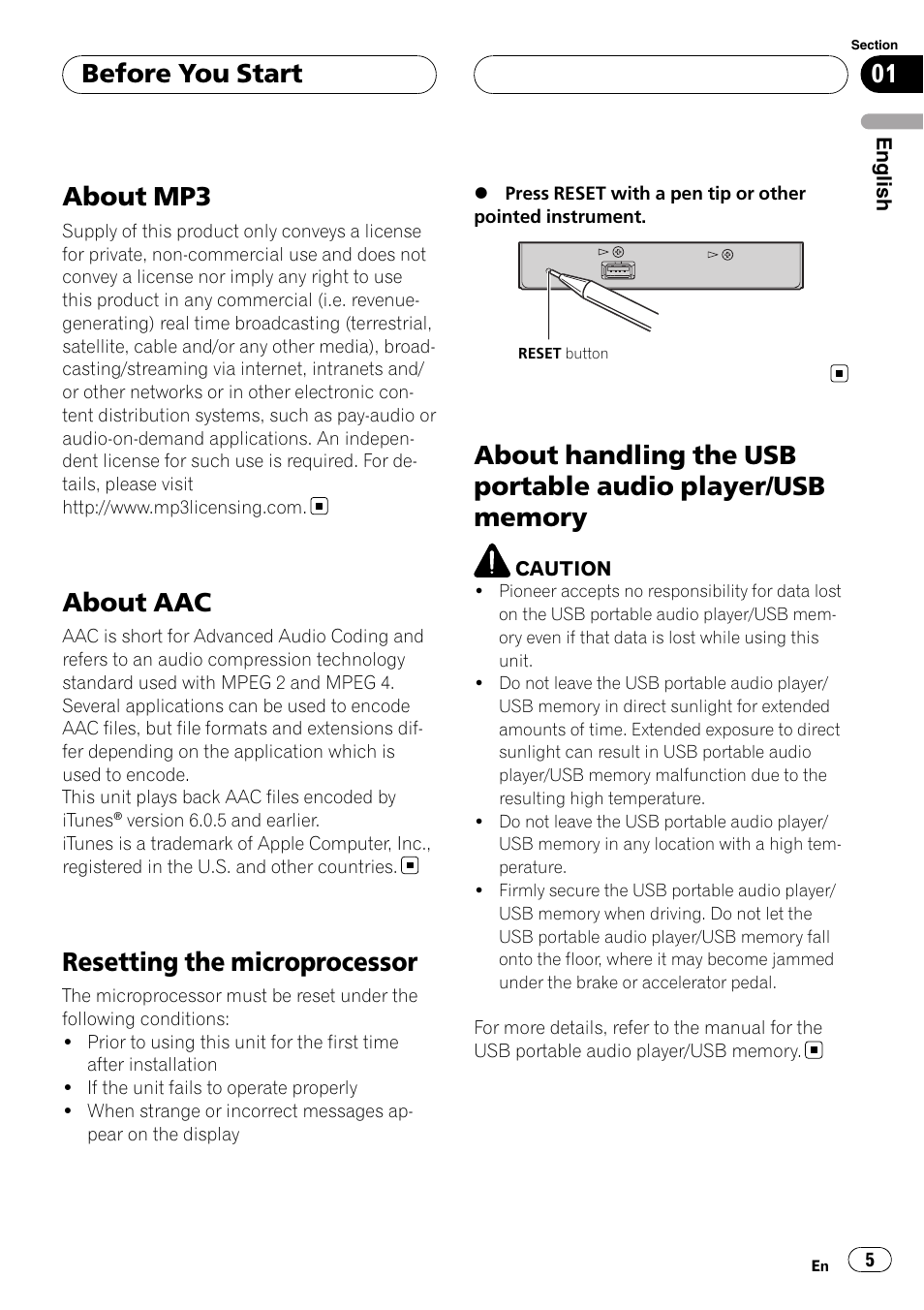 About mp3, About aac, Resetting the microprocessor | About handling the usb portable audio, Player/usb memory, Before you start | Pioneer CD-UB100 User Manual | Page 5 / 63