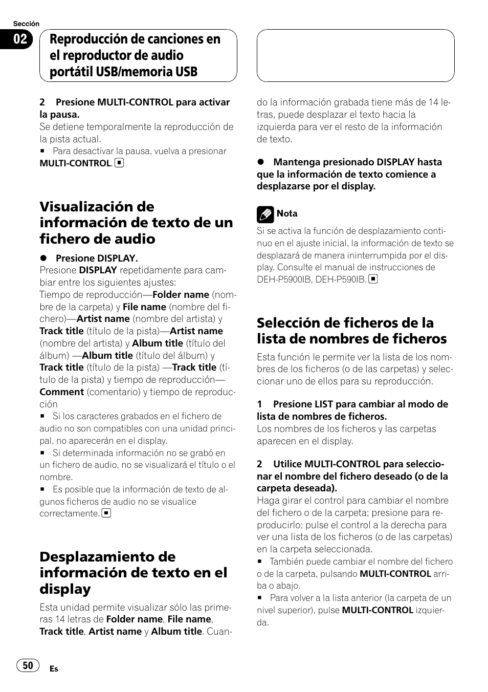Visualización de información de texto de un, Fichero de audio, Desplazamiento de información de texto en | El display, Selección de ficheros de la lista de nombres, De ficheros | Pioneer CD-UB100 User Manual | Page 50 / 63