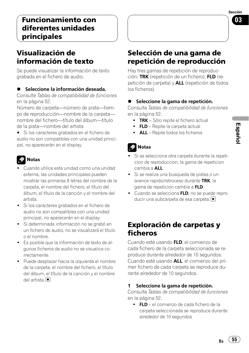 Visualización de información de texto, Selección de una gama de repetición de, Reproducción | Exploración de carpetas y ficheros, Funcionamiento con diferentes unidades principales | Pioneer CD-UB100 User Manual | Page 55 / 63