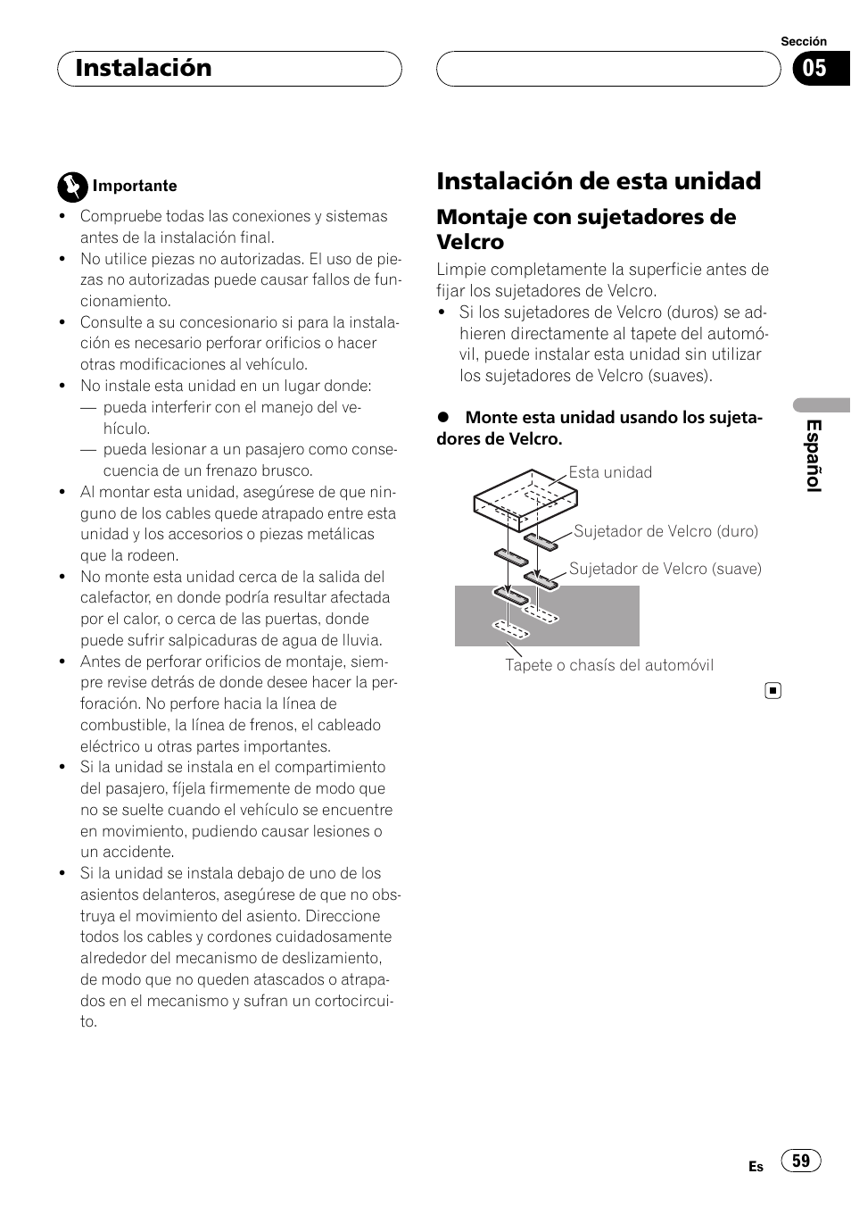 Instalación instalación de esta unidad, Montaje con sujetadores de velcro 59, Instalación de esta unidad | Instalación, Montaje con sujetadores de velcro | Pioneer CD-UB100 User Manual | Page 59 / 63