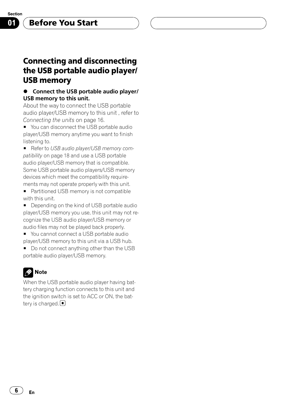 Connecting and disconnecting the usb, Portable audio player/usb memory, Before you start | Pioneer CD-UB100 User Manual | Page 6 / 63