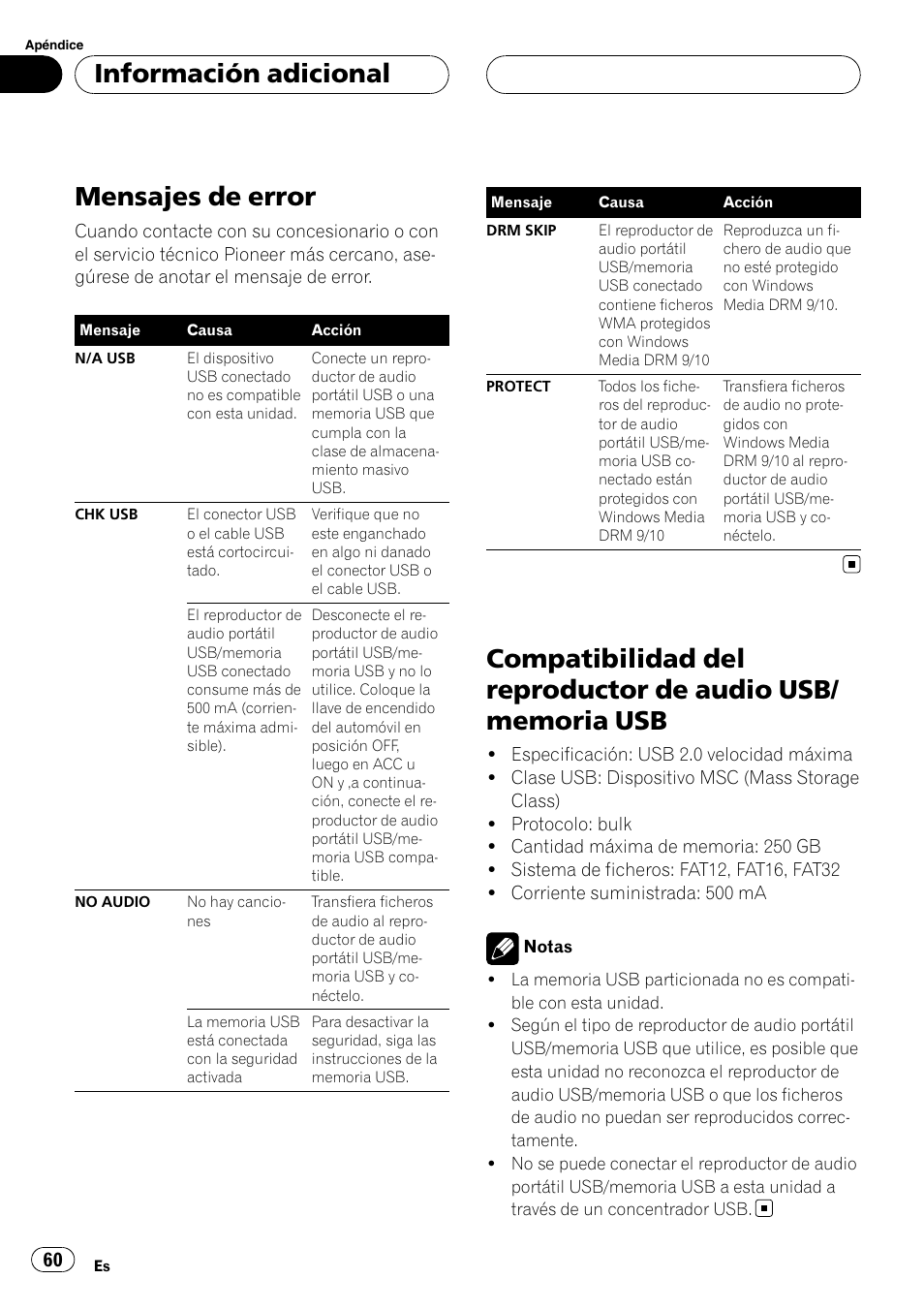 Información adicional mensajes de error, Compatibilidad del reproductor de audio, Usb/memoria usb | Mensajes de error, Información adicional | Pioneer CD-UB100 User Manual | Page 60 / 63