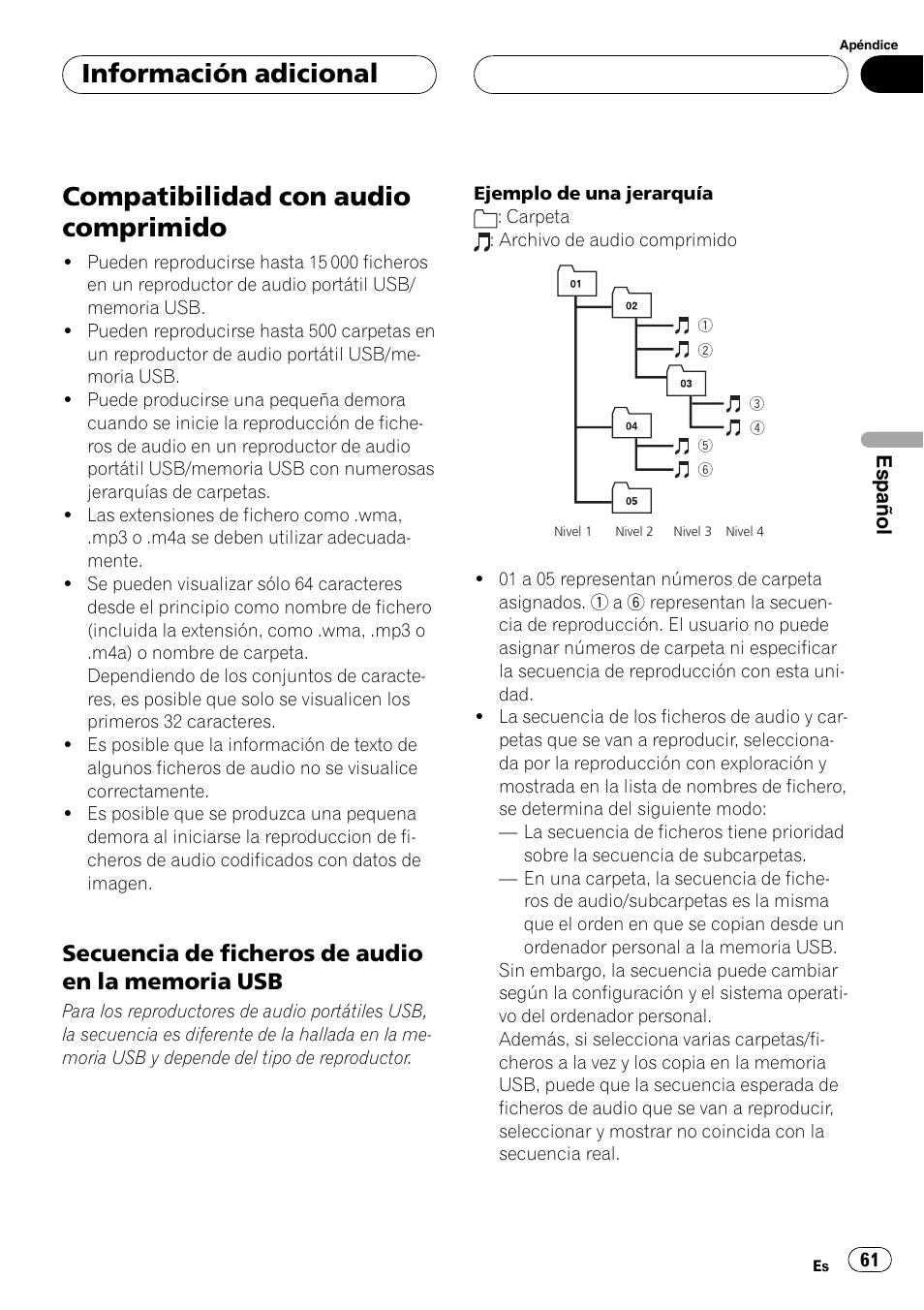 Compatibilidad con audio comprimido, Secuencia de ficheros de audio en la, Memoria usb | Información adicional | Pioneer CD-UB100 User Manual | Page 61 / 63