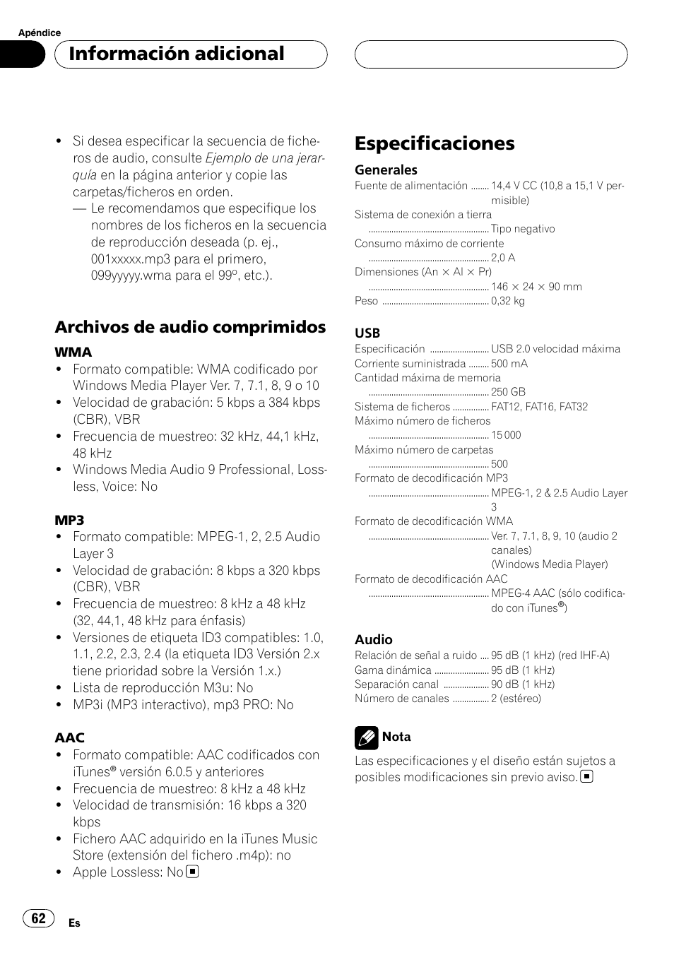 Archivos de audio comprimidos 62, Especificaciones, Información adicional | Archivos de audio comprimidos | Pioneer CD-UB100 User Manual | Page 62 / 63