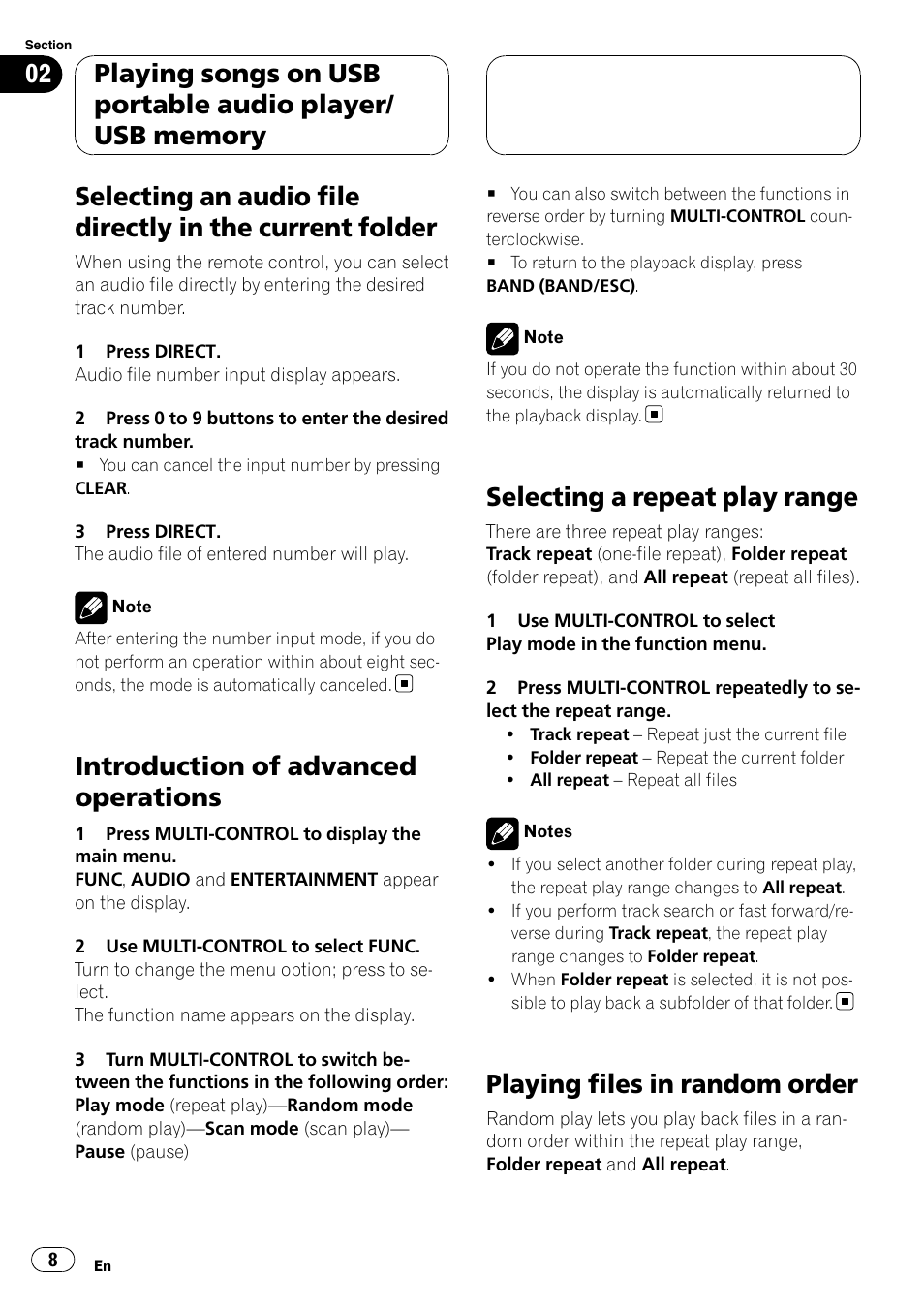 Selecting an audio file directly in the current, Folder, Introduction of advanced operations | Selecting a repeat play range, Playing files in random order | Pioneer CD-UB100 User Manual | Page 8 / 63