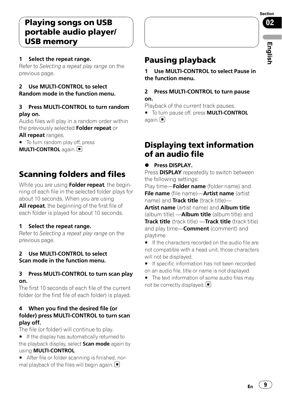Scanning folders and files, Pausing playback, Displaying text information of an audio | File, Displaying text information of an audio file | Pioneer CD-UB100 User Manual | Page 9 / 63