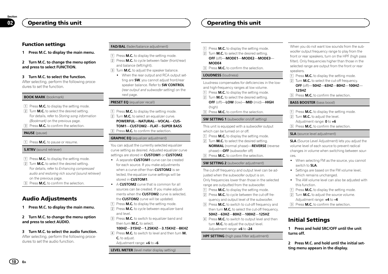 Audio adjustments, Initial settings, Operating this unit 02 | Operating this unit | Pioneer DEH-6300UB User Manual | Page 10 / 60