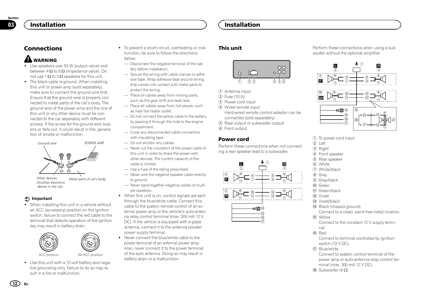 Installation connections, Connections, Installation 03 | Installation | Pioneer DEH-6300UB User Manual | Page 12 / 60