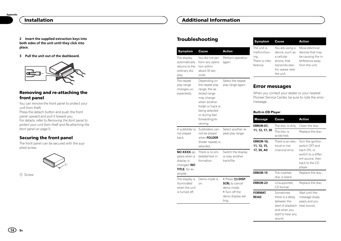 Additional information troubleshooting, Error messages, Troubleshooting | Installation, Additional information | Pioneer DEH-6300UB User Manual | Page 14 / 60