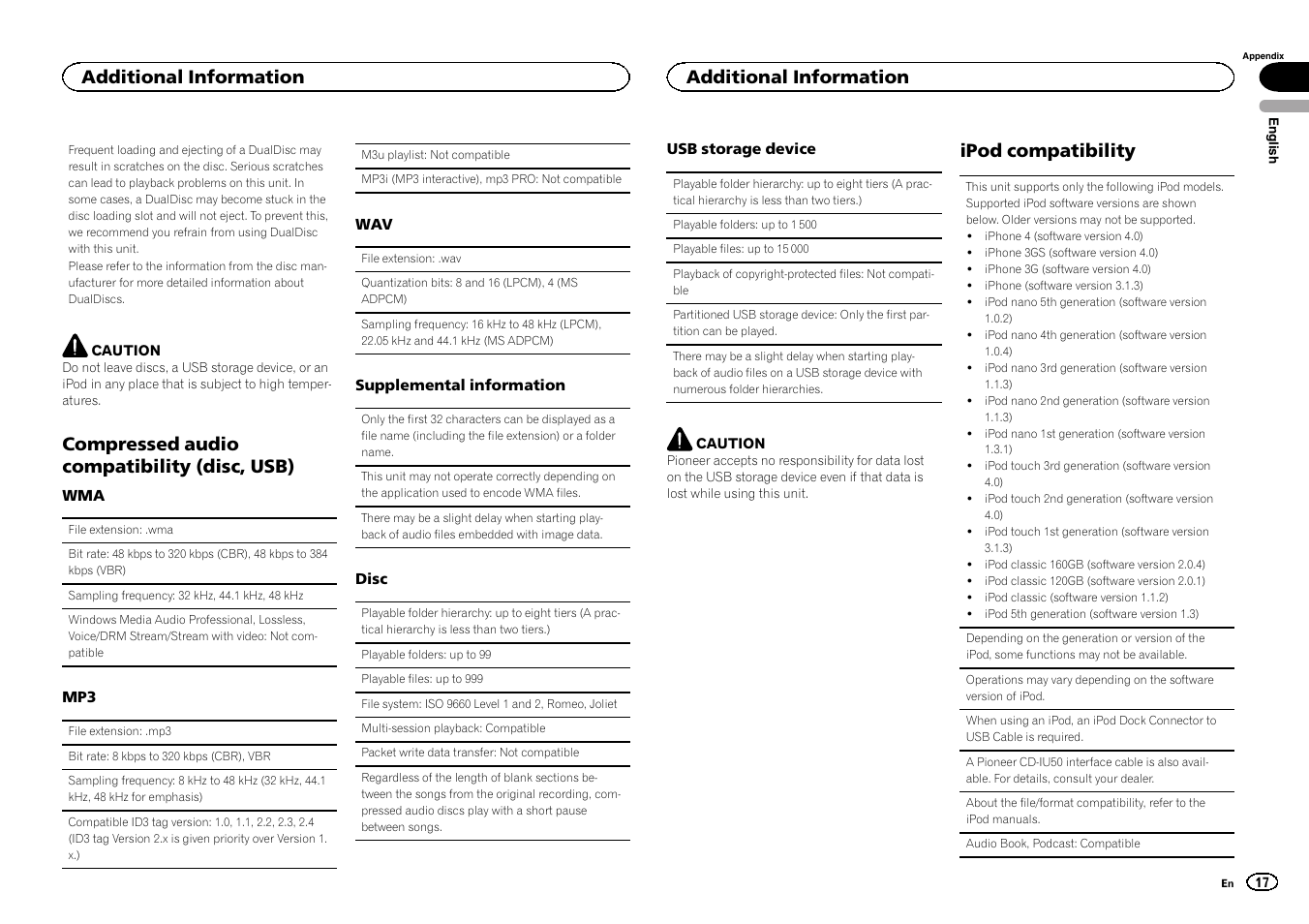 Compressed audio compatibility (disc, Usb), Ipod compatibility | Compressed audio compatibility (disc, usb), Additional information | Pioneer DEH-6300UB User Manual | Page 17 / 60