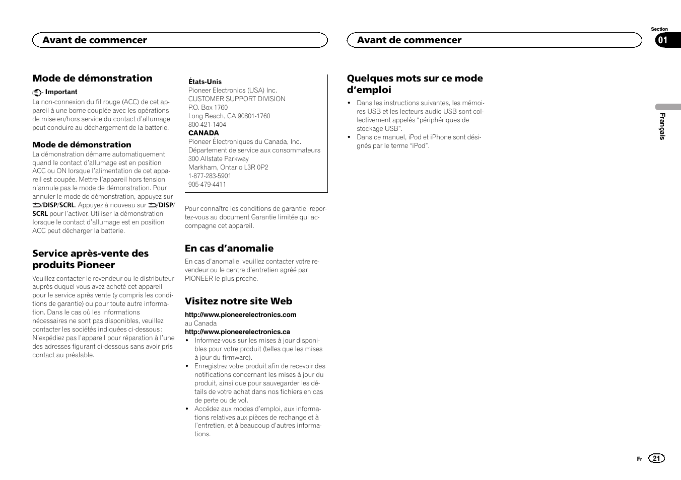 Mode de démonstration, Service après-vente des produits, Pioneer | En cas d, Anomalie, Visitez notre site web, Quelques mots sur ce mode d, Emploi | Pioneer DEH-6300UB User Manual | Page 21 / 60