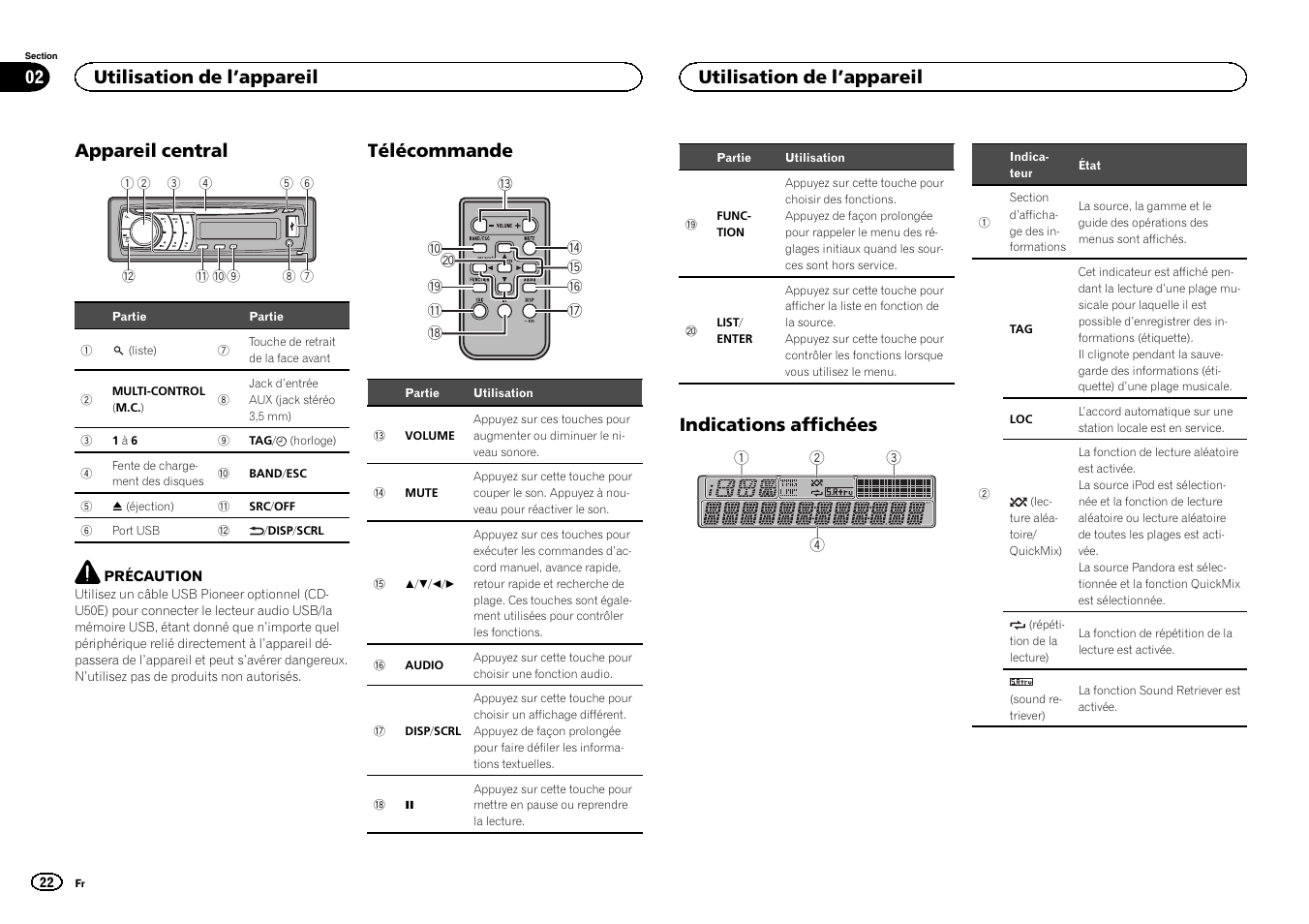 Utilisation de l, Appareil, Appareil central | Télécommande, Indications affichées, Utilisation de l ’appareil 02, Utilisation de l ’appareil | Pioneer DEH-6300UB User Manual | Page 22 / 60