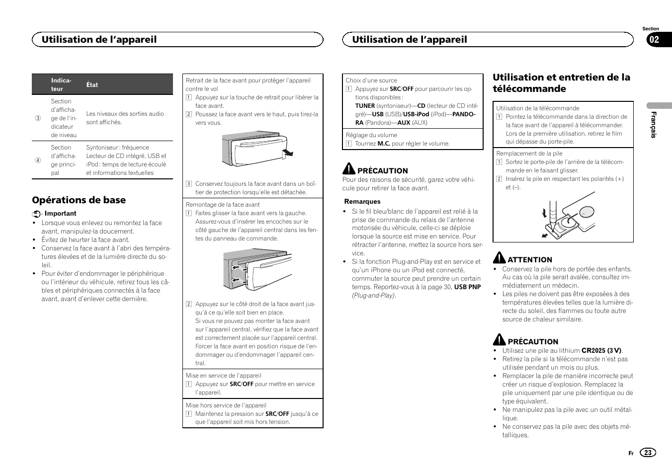 Opérations de base, Utilisation et entretien de la, Télécommande | Utilisation et entretien de la télécommande, Utilisation de l ’appareil 02, Utilisation de l ’appareil | Pioneer DEH-6300UB User Manual | Page 23 / 60