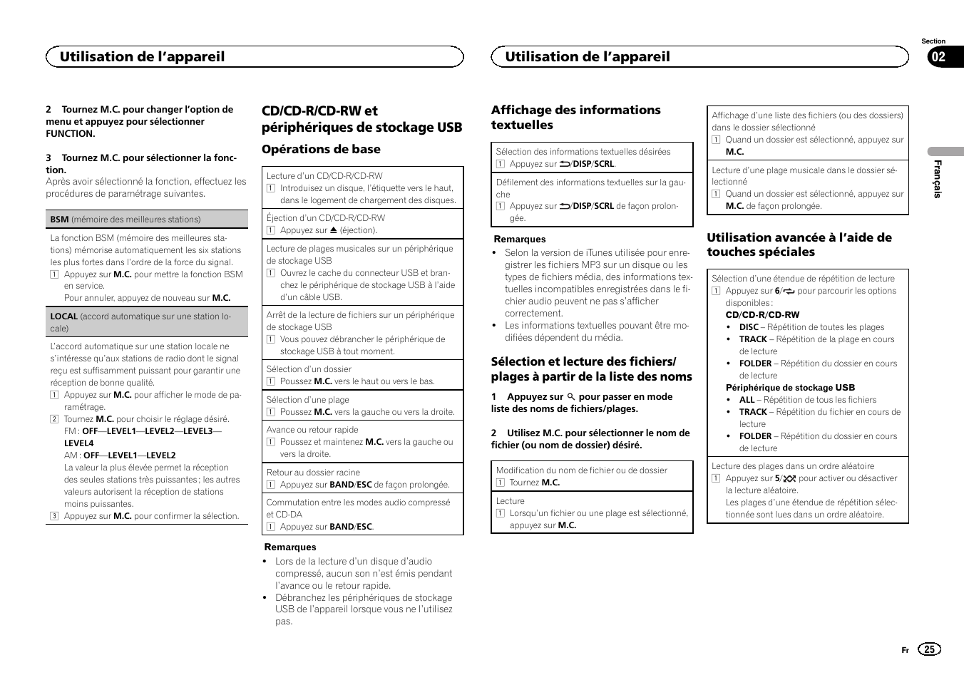 Cd/cd-r/cd-rw et périphériques de, Stockage usb, Cd/cd-r/cd-rw et périphériques de stockage usb | Utilisation de l ’appareil 02, Utilisation de l ’appareil | Pioneer DEH-6300UB User Manual | Page 25 / 60