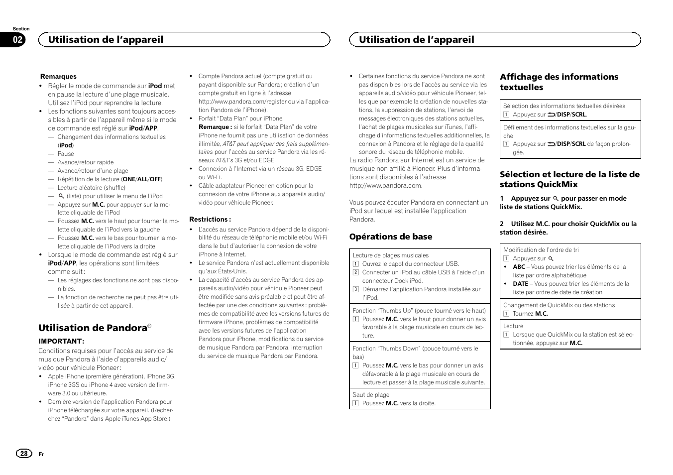 Utilisation de pandora, Utilisation de l ’appareil 02, Utilisation de l ’appareil | Pioneer DEH-6300UB User Manual | Page 28 / 60